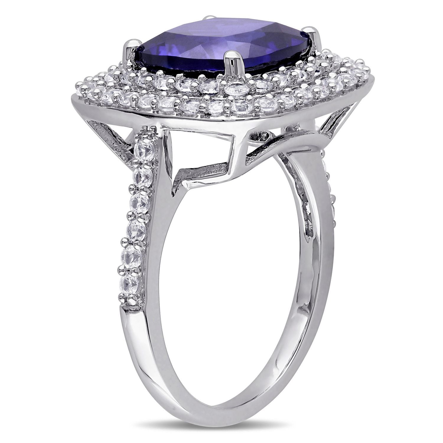 Tangelo 7-1/10 Carat T.G.W. Created Blue And White Sapphire Sterling Silver Double HALO Ring