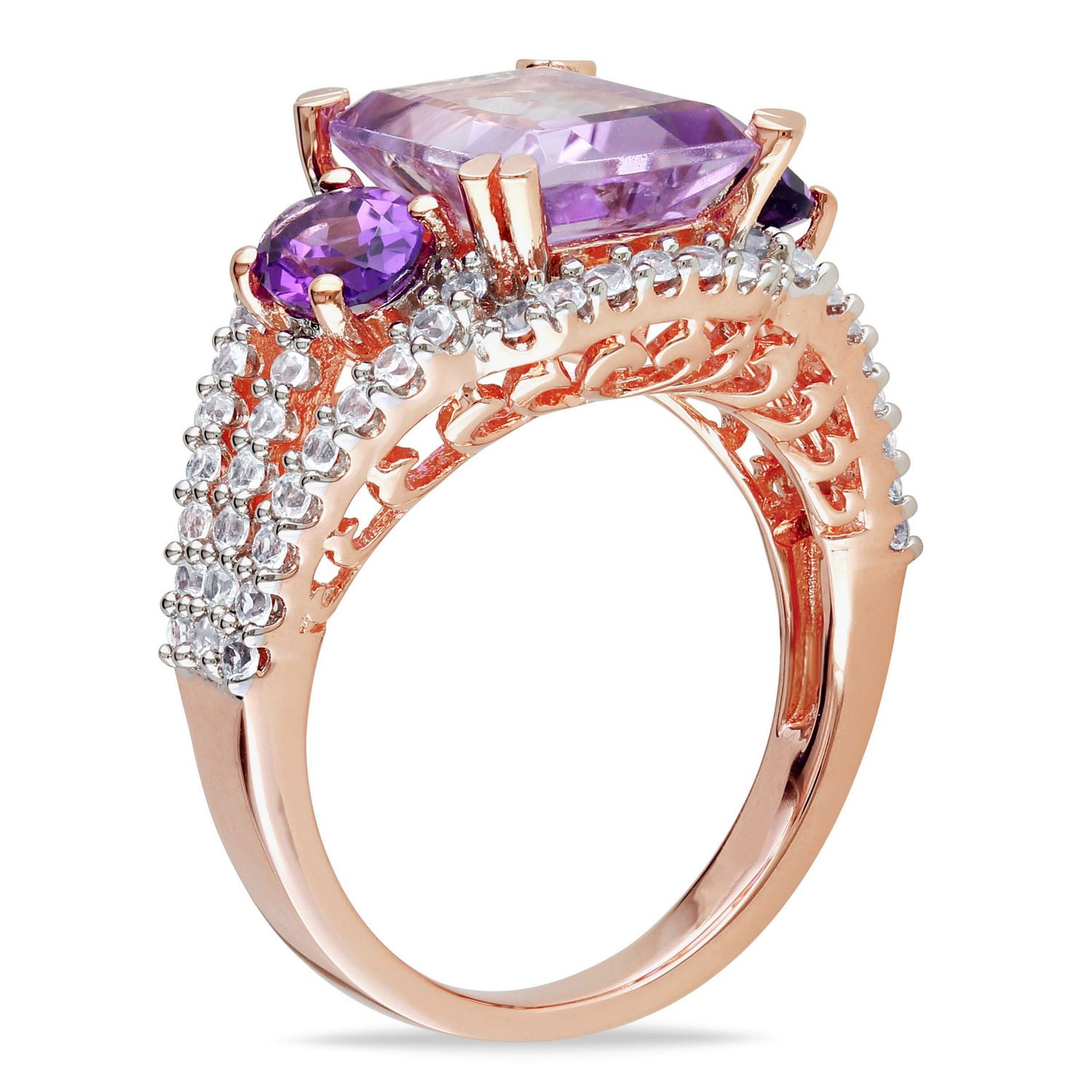Bague cocktail Tangelo avec rose de France, améthystes et saphirs blancs synthétiques 4-5/8 CT PBT en argent sterling plaqué de rhodium rosé