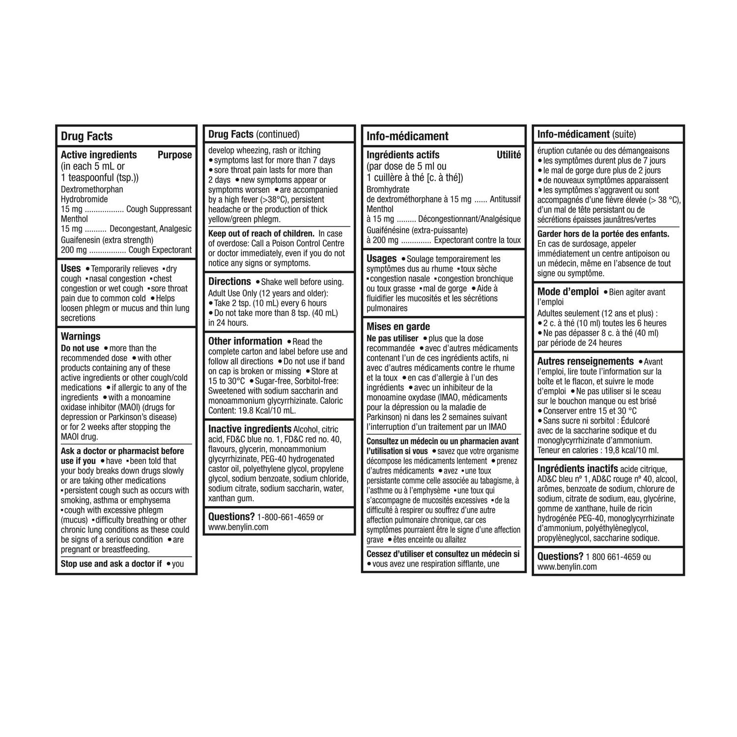 Benylin Extra-puissant, Toux et congestion bronchique, pour personnes diabétiques, sans saccharose, soulage la toux et la congestion nasale, sirop 100 ml