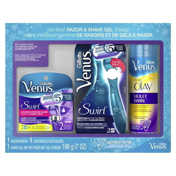 Ensemble-cadeau Gillette Venus comprenant rasoir Swirl, cartouches de rechange et gel à raser