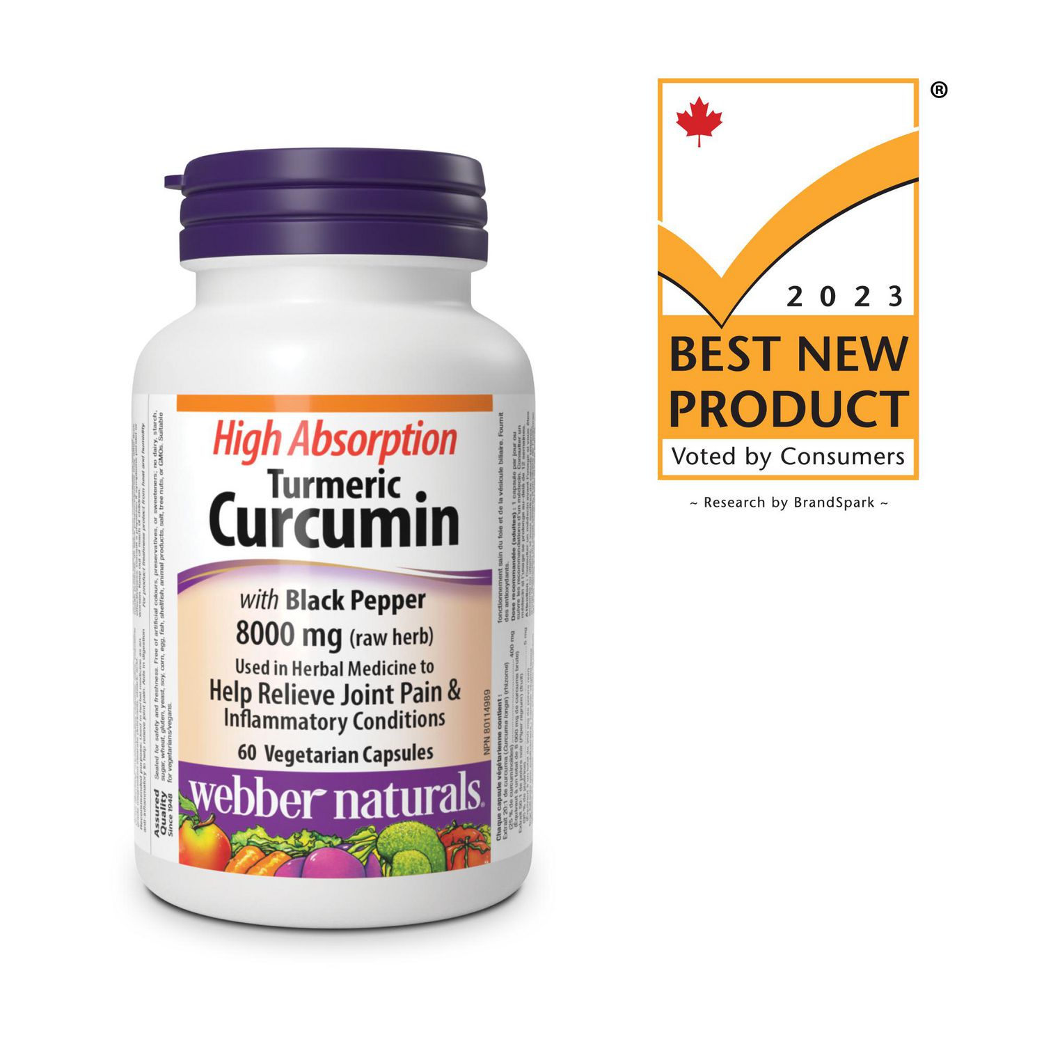 Curcumine de curcuma à absorption élevée avec poivre noir 8 000 mg (plante  brute), 60 unités – Webber Naturals : Bien-être