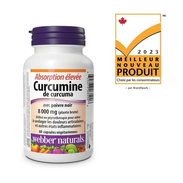 Curcumine de curcuma à absorption élevée avec poivre noir 8 000 mg (plante  brute) 60 capsules végétariennes 