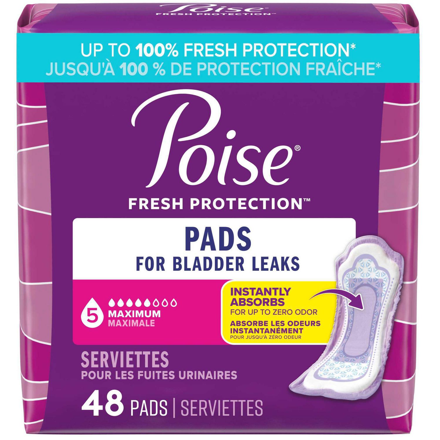 Serviettes d’incontinence et d’incontinence en période post-partum Poise pour fuites urinaires, degré d’absorption maximal à 5 gouttes, version longue, 39 unités