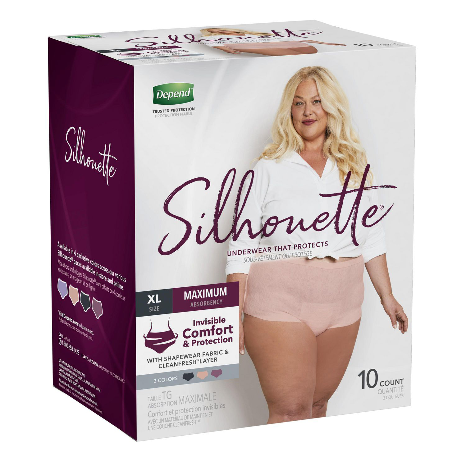 Depend Silhouette Adult Incontinence Underwear for Women - Pink/Black/Berry  - Maximum Absorbency - XL/10 Count