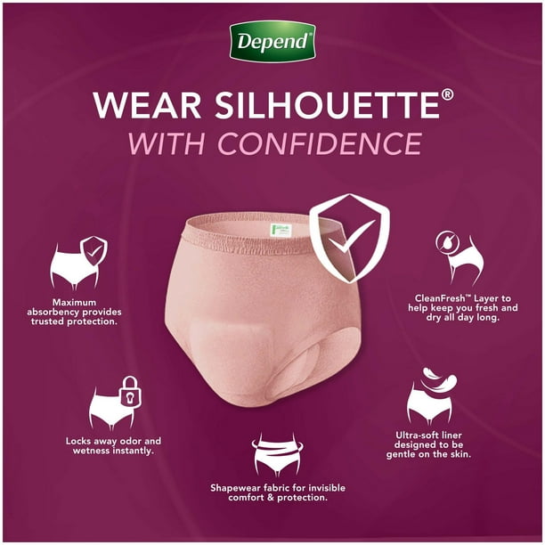 Depend Silhouette Adult Incontinence Underwear for Women, Maximum  Absorbency, XL, Pink/Black/Berry, 10 Count, 10 Count