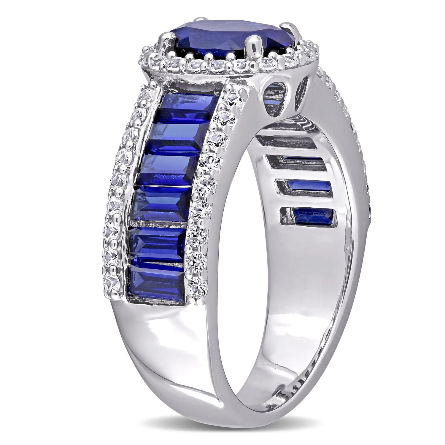 Miabella 4 3/4 Carat T.G.W Created Blue and White Sapphire Sterling Silver Oval Halo Ring