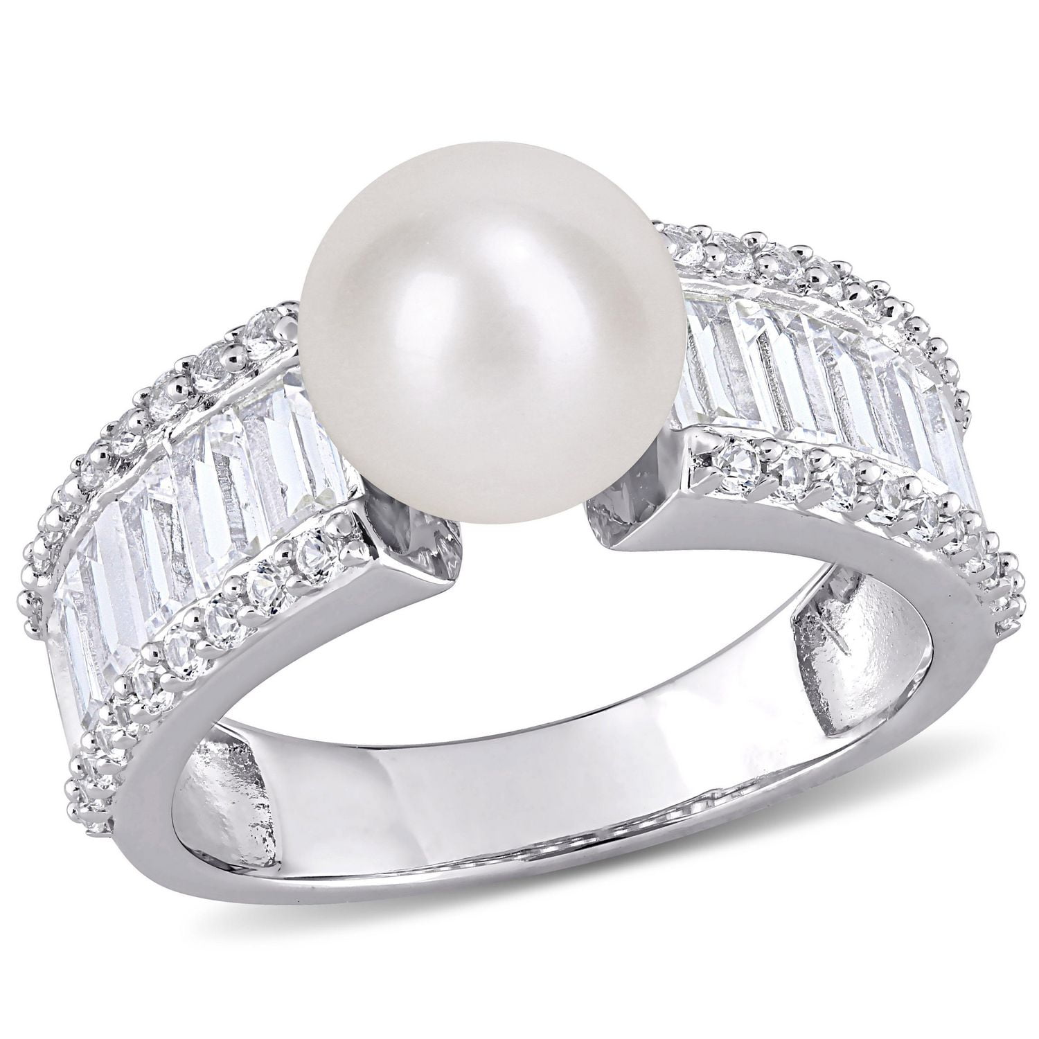 Miabella 8-8.5mm Cultured Pearl and 2 2/5 Carat T.G.W Created White Sapphire Sterling Silver Ring
