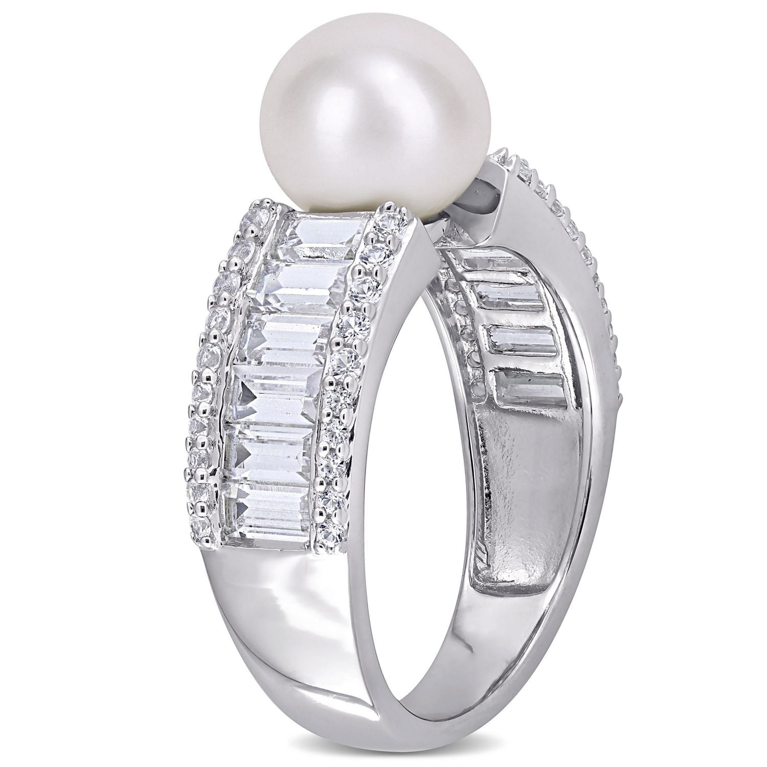 Bague Miabella avec 2 2/5 CT PBT de saphir blanc synthétique et perles culture 8-8,5mm en argent sterling