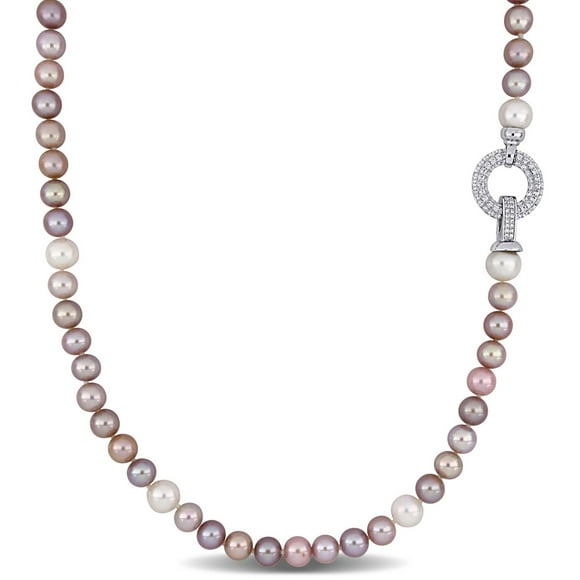 Miabella 8-10mm Pink and White Cultured Freshwater Pearl and Cubic zirconia Sterling Silver Strand Necklace, 38"