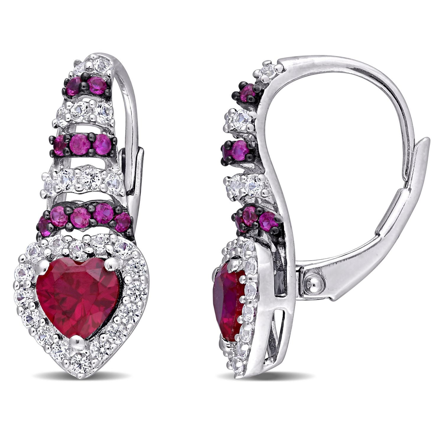 Miabella 1 7/8 Carat T.G.W Created Ruby and Created White Sapphire Sterling Silver Heart Earrings