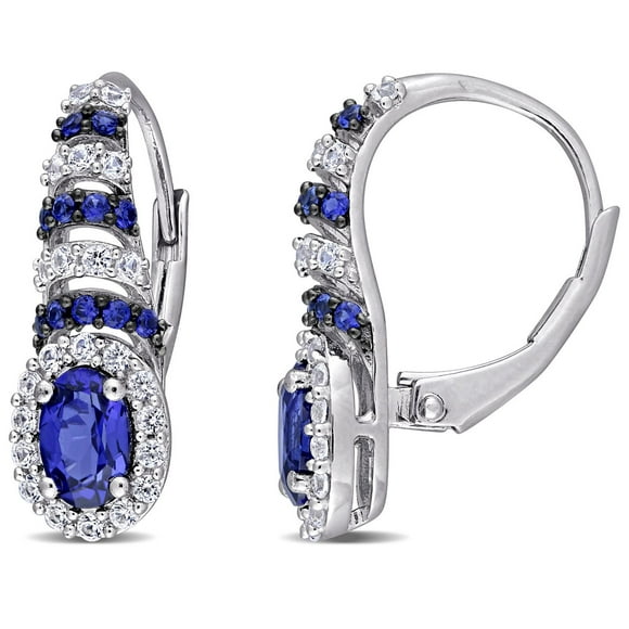 Miabella 2 1/5 Carat T.G.W Created Blue and White Sapphire Sterling Silver Oval Dangle Earrings