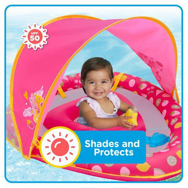 SwimSchool Grow-with-Me Inflatable UV-Protected Baby Swim Float/Boat with  Canopy, Blue, Ages 6-24 months