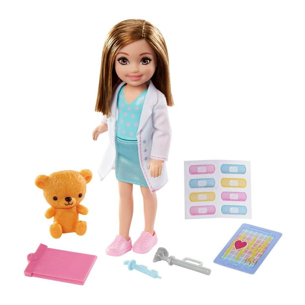 Barbie Chelsea Can Be Playset with Brunette Chelsea Doctor Doll (6-in),  Clipboard, EKG Reader, Band-aid Stickers,2 Medical Tools, Teddy Bear, Great