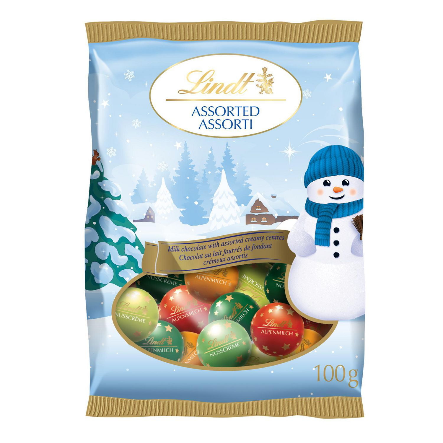 Lindt Lindor Assorted Milk Chocolate Holiday Magic Snowman 100g Bag