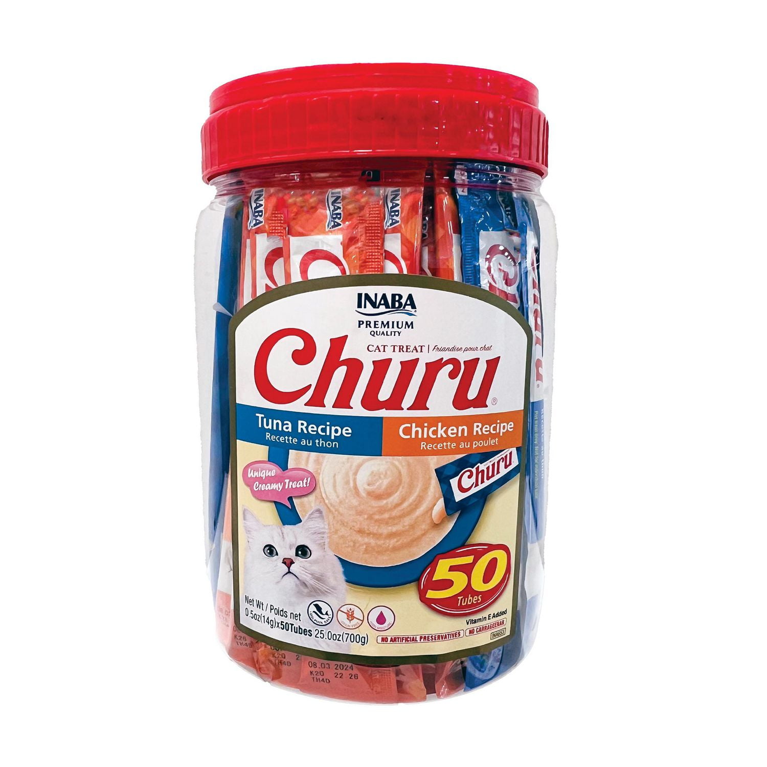 Tuna Chicken Churu Multi Pack Puree INABA Churu Cat Treats Grain Free Lickable Squeezable Creamy Puree Cat Treat Topper with Vitamin E Taurine 0.5 Ounces Each Tube 50 Tubes Walmart