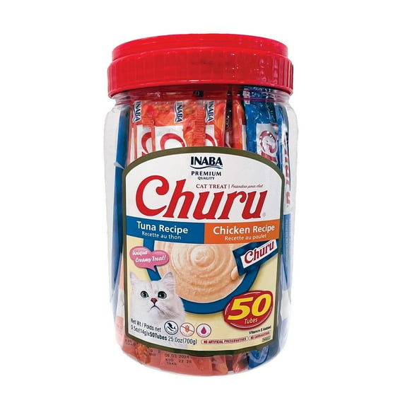 INABA Churu Cat Treats, Grain-Free, Lickable, Squeezable Creamy Purée Cat Treat/Topper with Vitamin E - 50 Tubes (50 x 14g) - Tuna & Chicken Variety