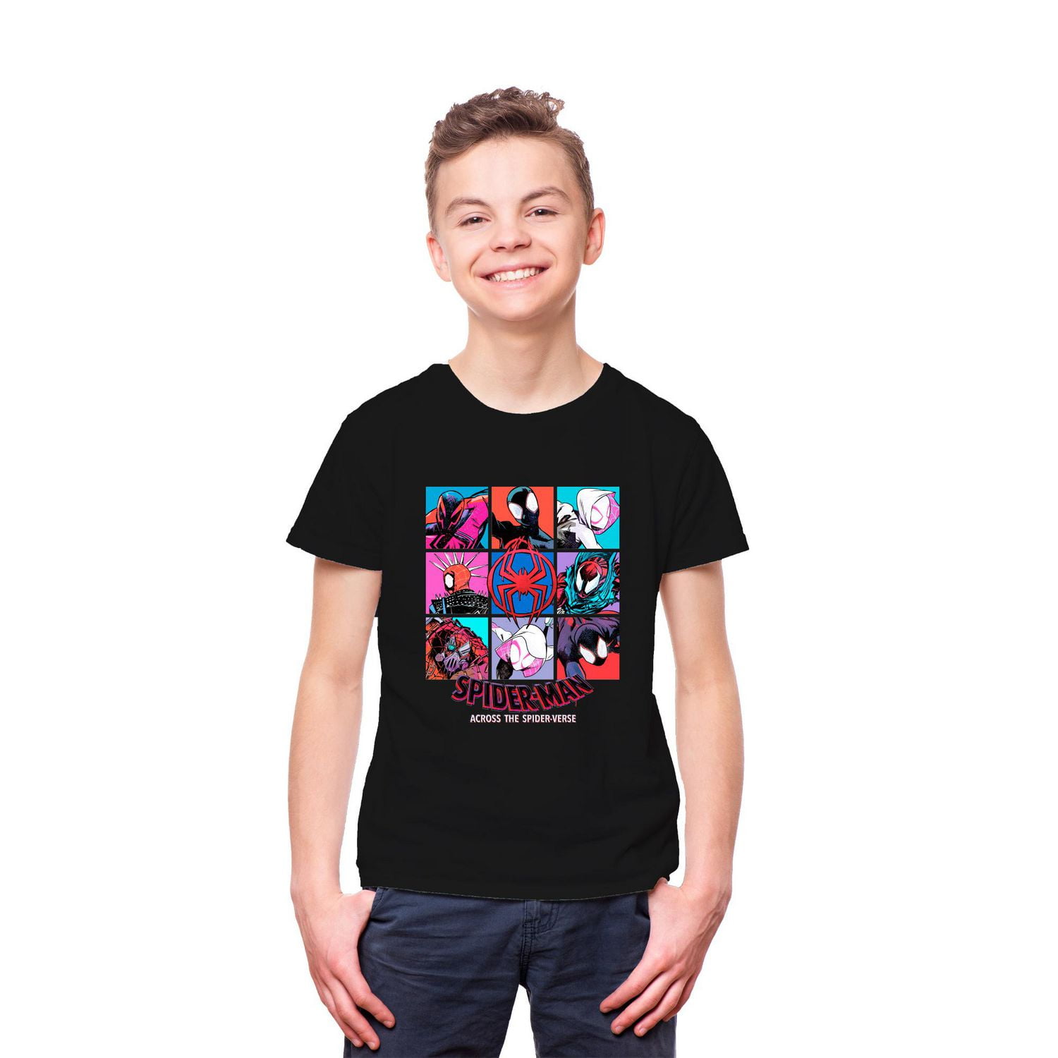 T-shirt à manches courtes avec affiche Spider-Man à travers Spider-verse Tailles: TP-TG