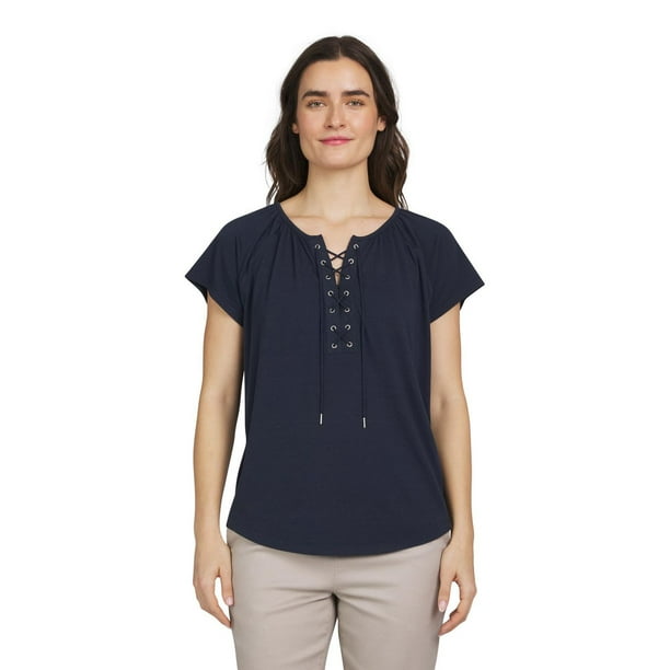 Chaps Women's Short Sleeve Lace Up Top, CHAPS-LACE UP TOP - Walmart.ca