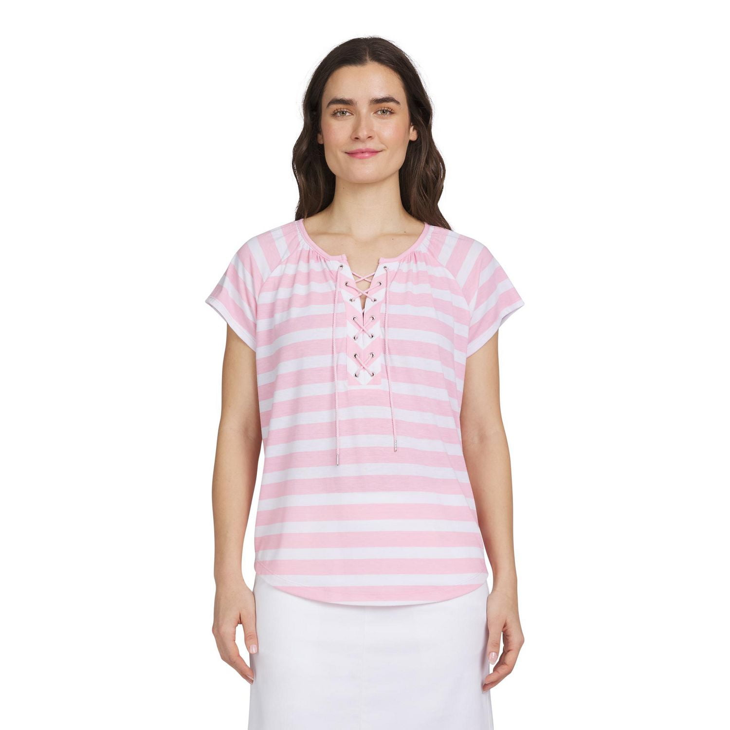 Chaps Women's Short Sleeve Lace Up Top