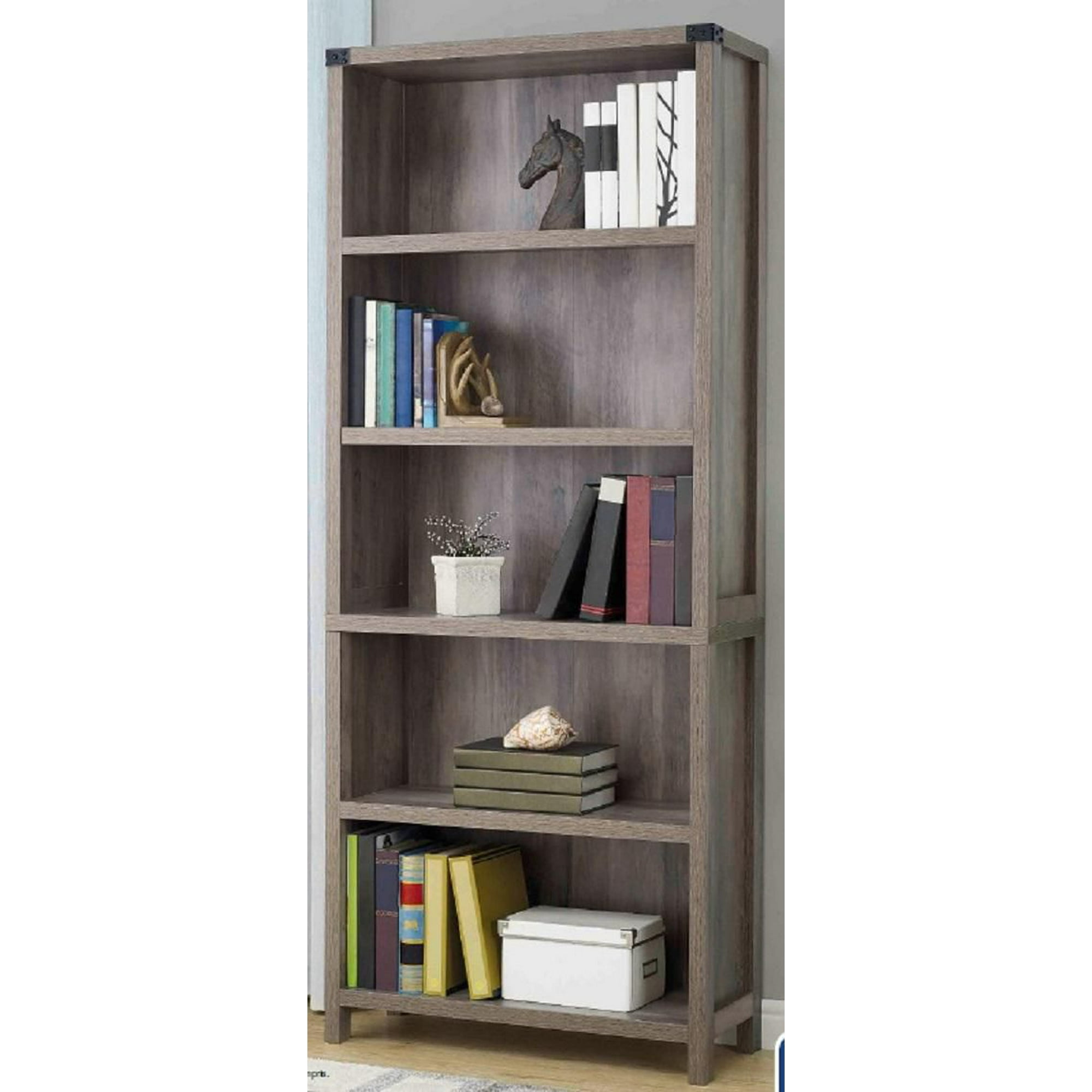 Mainstays Traditional 5 Shelf Bookcase with Doors, Weathered Oak Finish 