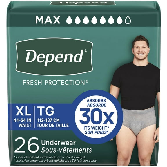 Depend Fresh Protection Adult Incontinence Underwear for Men, Disposable, Maximum, Grey, L
