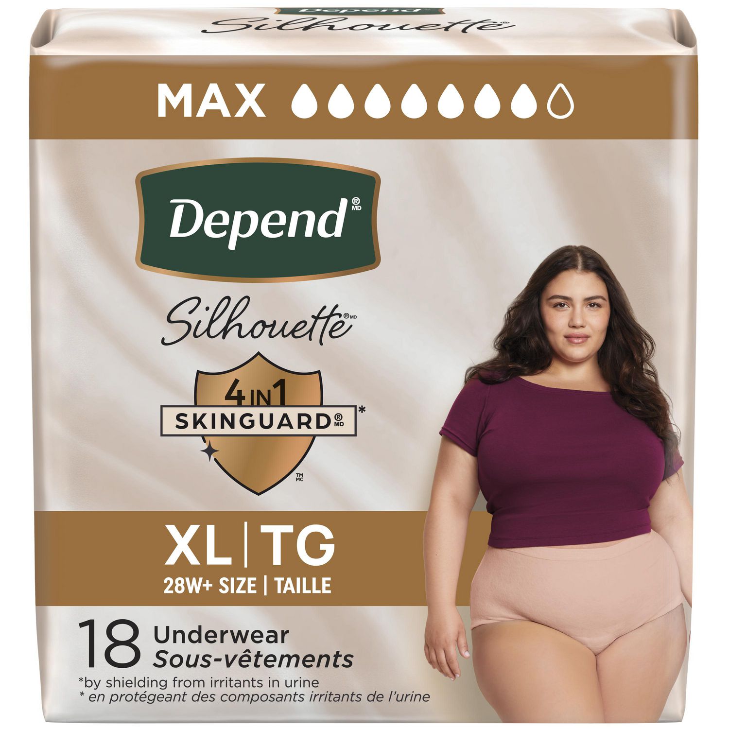 Culottes d’incontinence Depend Silhouette pour femmes, absorption maximale, G, rose, emballage de 20