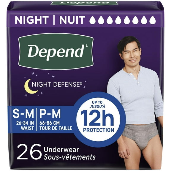 Depend Night Defense Adult Incontinence Underwear for Men, Disposable, Overnight, S/M - XL, Grey