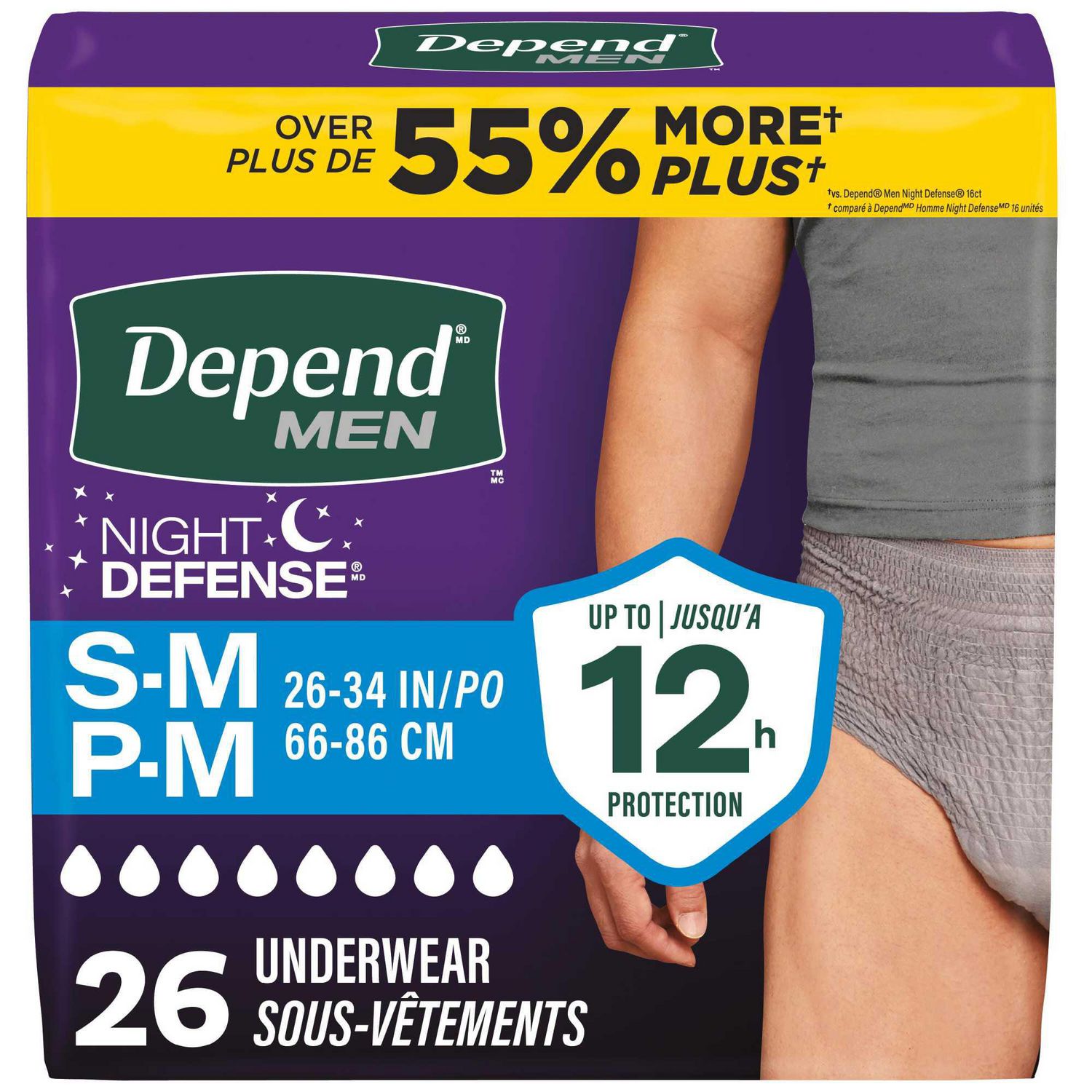 Depend Night Defense Adult Incontinence Underwear for Men, Disposable, Overnight, S/M - XL, Grey