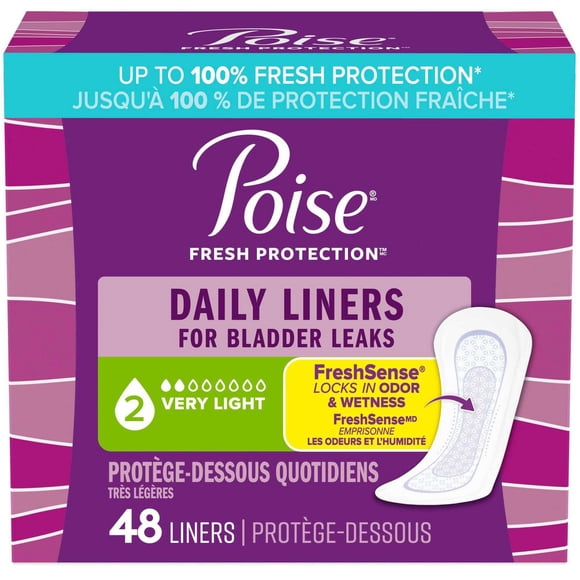 Protège-dessous quotidiens Poise, protège-dessous d’incontinence, grande absorption à 2 gouttes, réguliers, 48 protège-dessous.