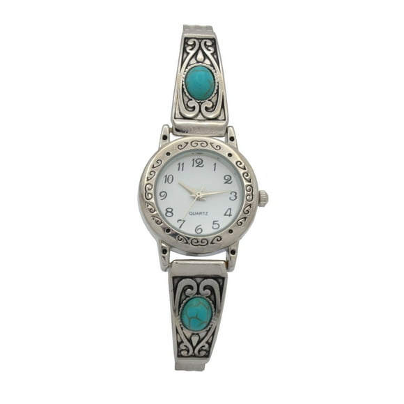Ladies Antique finish Half Bangle Watch with turquoise stone on bracelet, Ladies fashion Watch