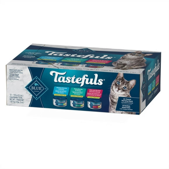 Blue Buffalo Tastefuls Nourriture humide pour chats adultes en flocons au thon, au poulet et au poisson/crevettes en sauce 12x156g