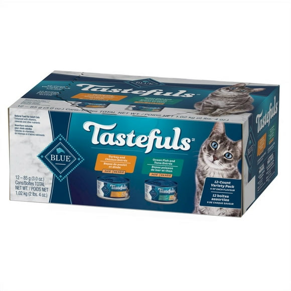 Blue Buffalo Tastefuls Dinde/Poulet et Poisson de mer/Pâté de thon Adulte Nourriture humide naturelle pour chat Paquet varié 12x85g