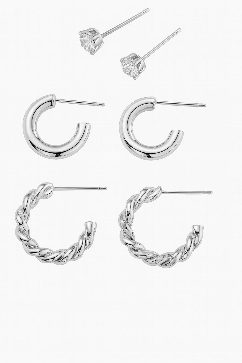 Luxury Designs Ensemble de 3 boucles d'oreilles plaquées argent : clous en zircon cubique,  créoles polies et créoles torsadées