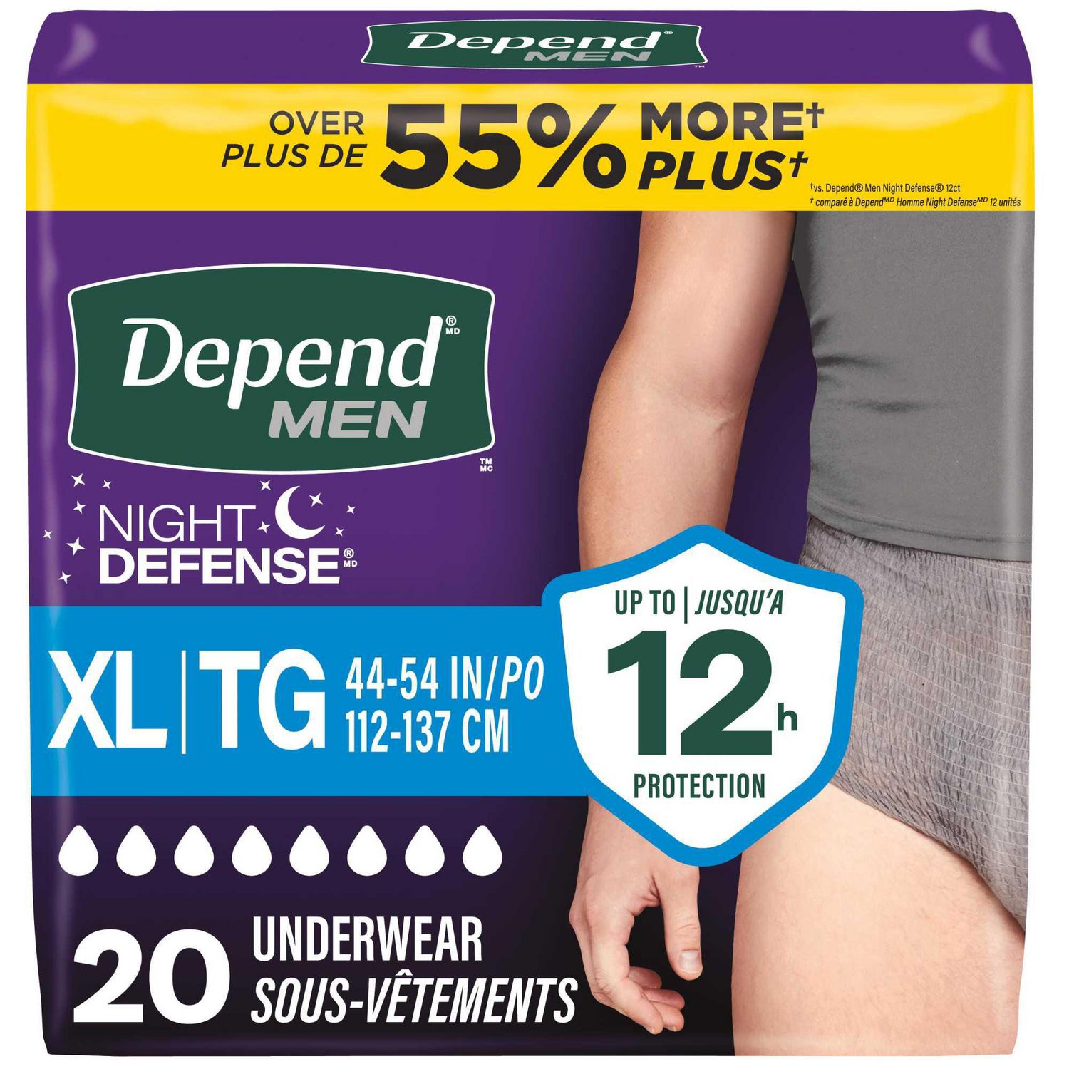 Sous-vêtements d’incontinence Depend Night Defense pour hommes, nuit, P/M - TG, gris