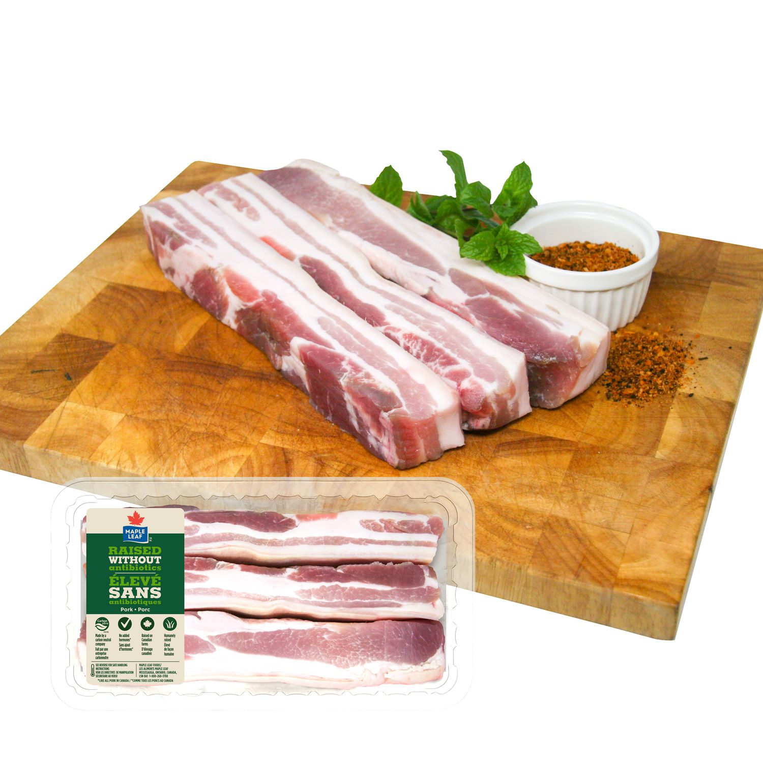 Tranches de flanc de porc fraîches Maple Leaf Élevé sans antibiotiques, 3 Tranches de flanc de porc, 0.92 - 1.21 KG