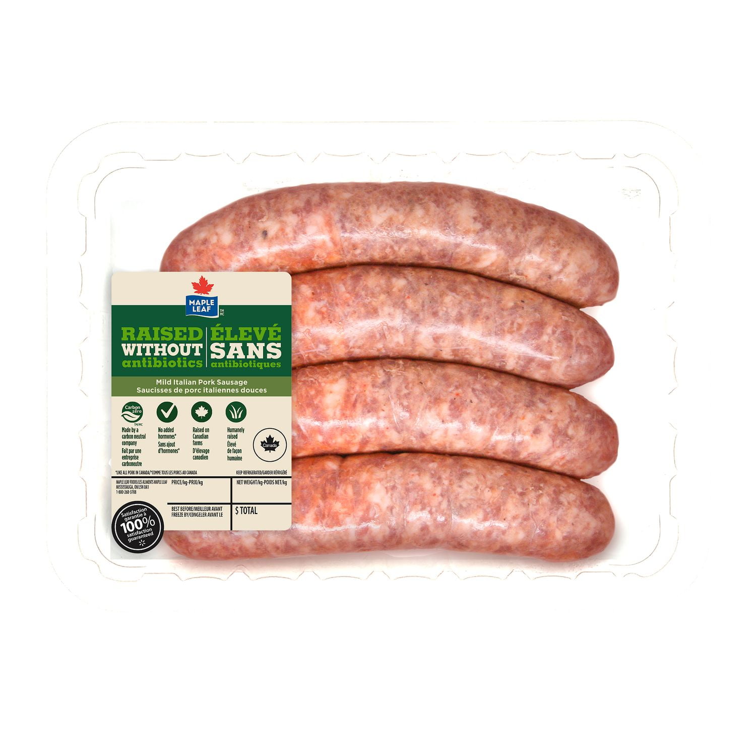 Saucisses de porc italiennes douces Maple Leaf Élevé sans antibiotiques 4 Saucisses de porc