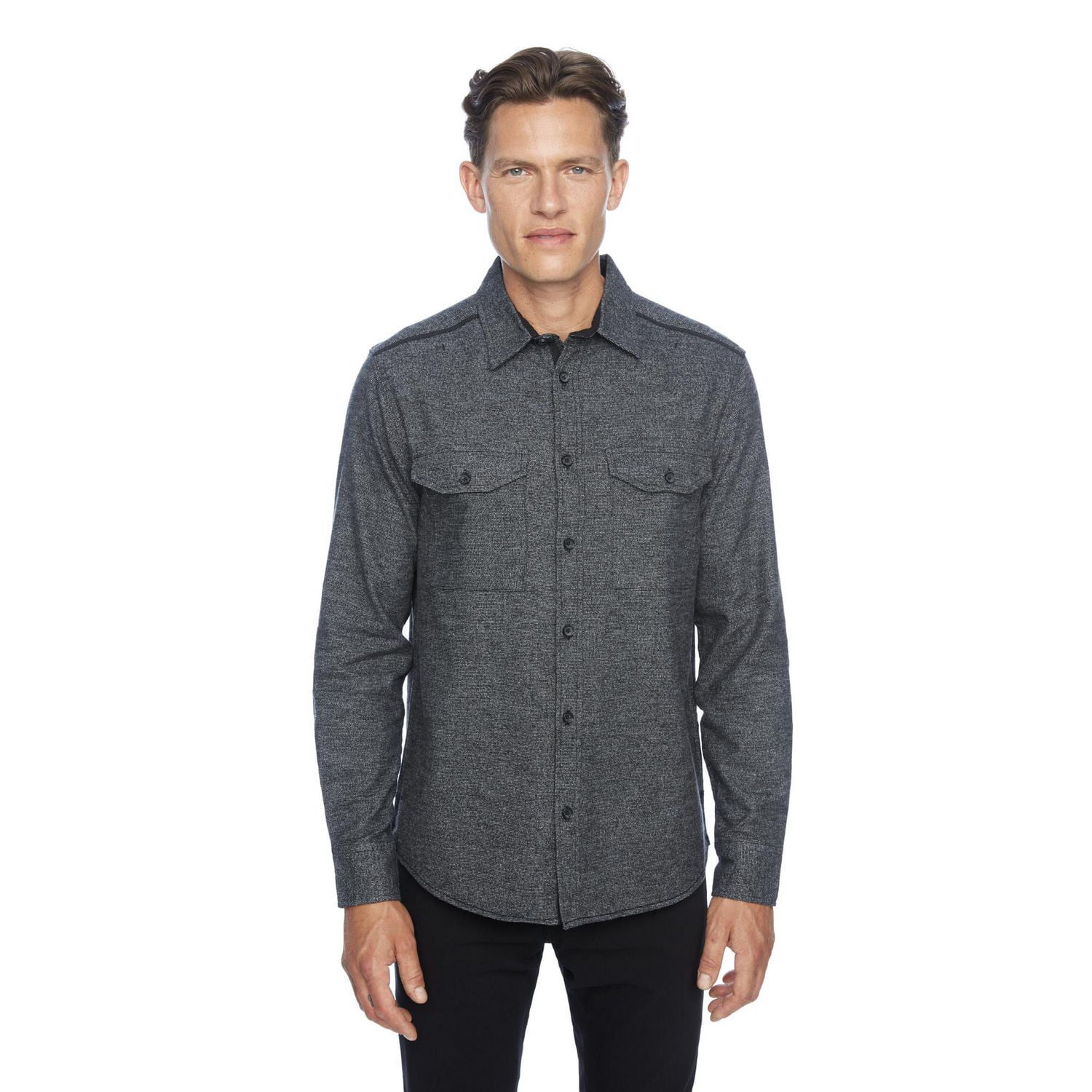 Chemise tissée à manches longues en flanelle pour hommes noir foncé
