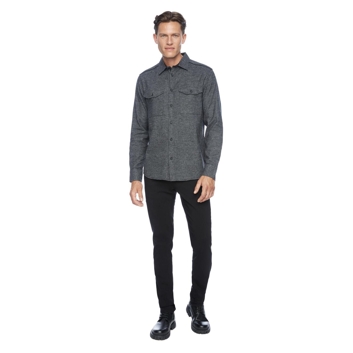 Chemise tissée à manches longues en flanelle pour hommes noir foncé