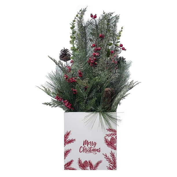 Holiday Time White and Red Christmas Tree Porch Decoration, 20" x 20" x