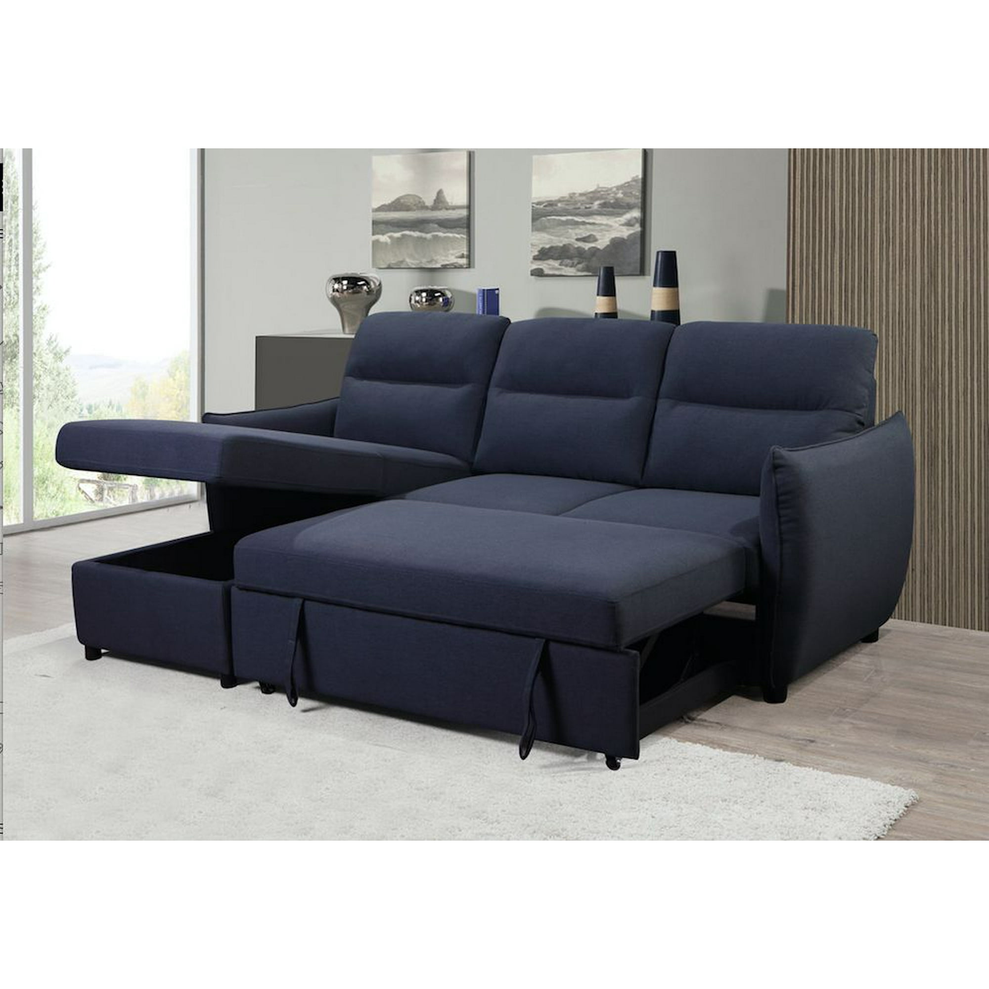 K-Living Liam Linen Fabric Sectional Sofa Bed in Navy 