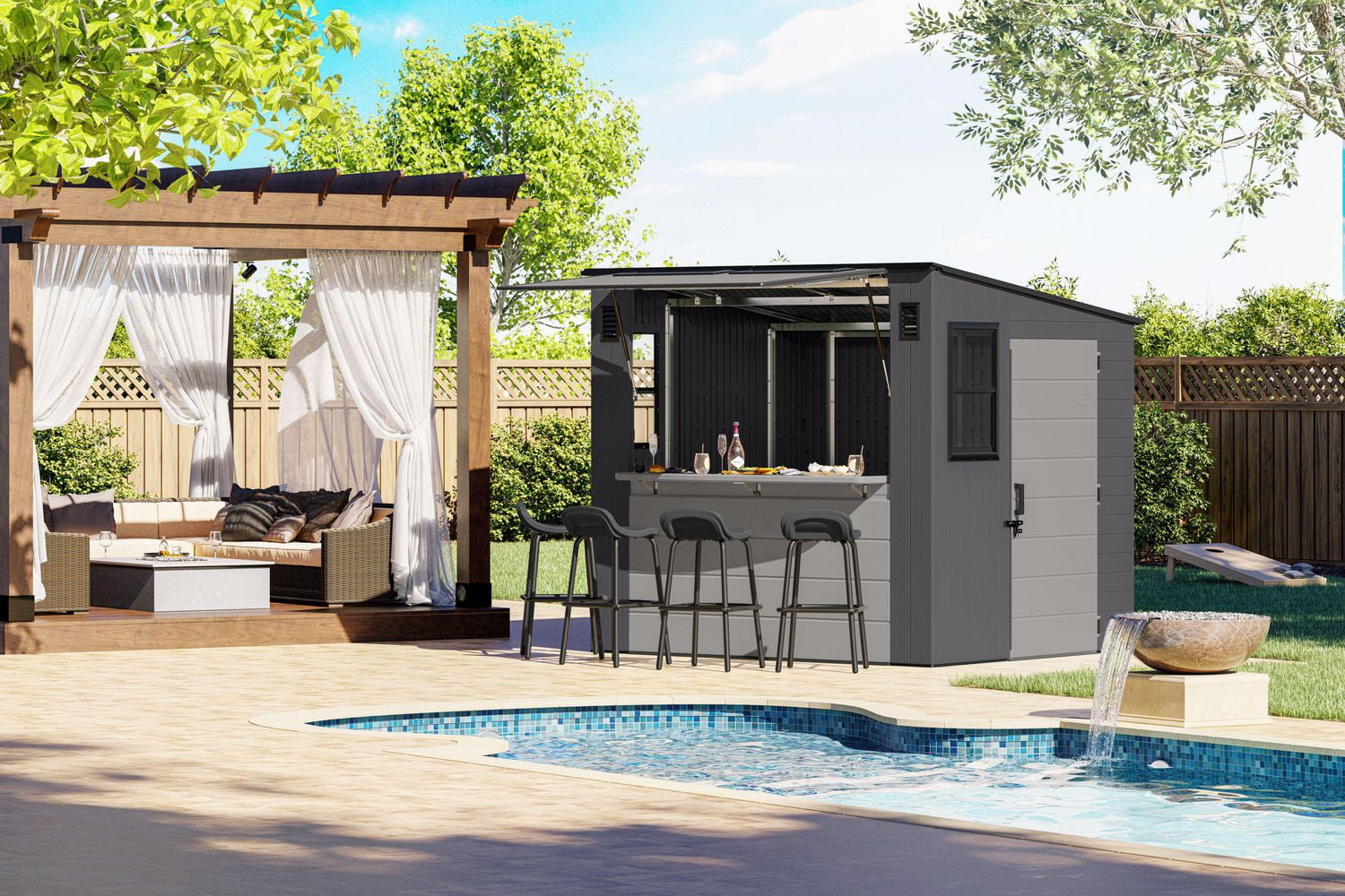 Suncast 8 x 7 Cabana Entertainment Shed Cool Gray Dove Gray