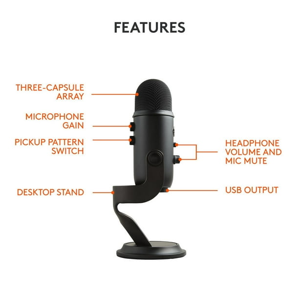 Blue Yeti USB Microphone for Recording, Streaming, Gaming, Podcasting on PC  and Mac, Condenser Mic for Laptop or Computer with Blue VO!CE Effects,  Adjustable Stand, Plug and Play - Blackout 