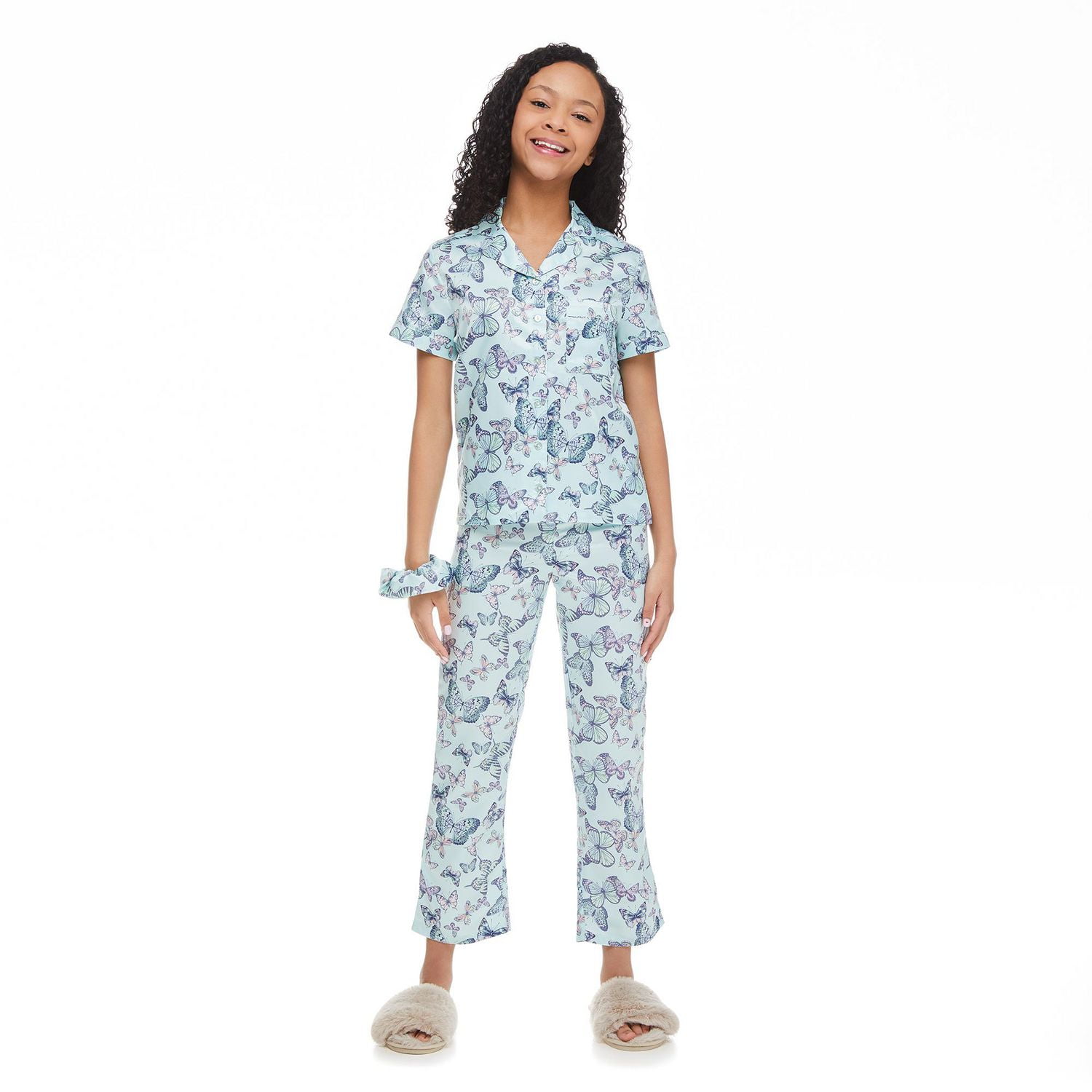 Justice Girls Notched Collar Pajamas With Scrunchie 3 Piece Set Turquoise L