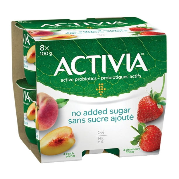 Activia Yogourt probiotique, sans matières grasses, sans sucre ajoute, 4x pêche, 4x fraise, (emballage de 8)