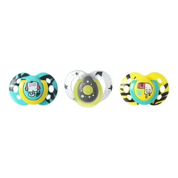 Tommee Tippee Day and Night Pacifiers, Symmetrical Design, BPA-Free Silicone Binkies, 6-18m, 3-Count, Colors and Designs May Vary