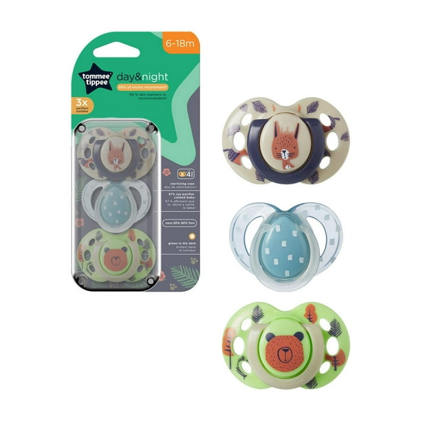 Tommee Tippee Fun Style Pacifier and Fun Style Night Glow in the Dark  Pacifier, Symmetrical Design, BPA-Free, Includes Sterilizer Box, (6-18m),  Pack of 3 Pacifiers, 6-18 Months 