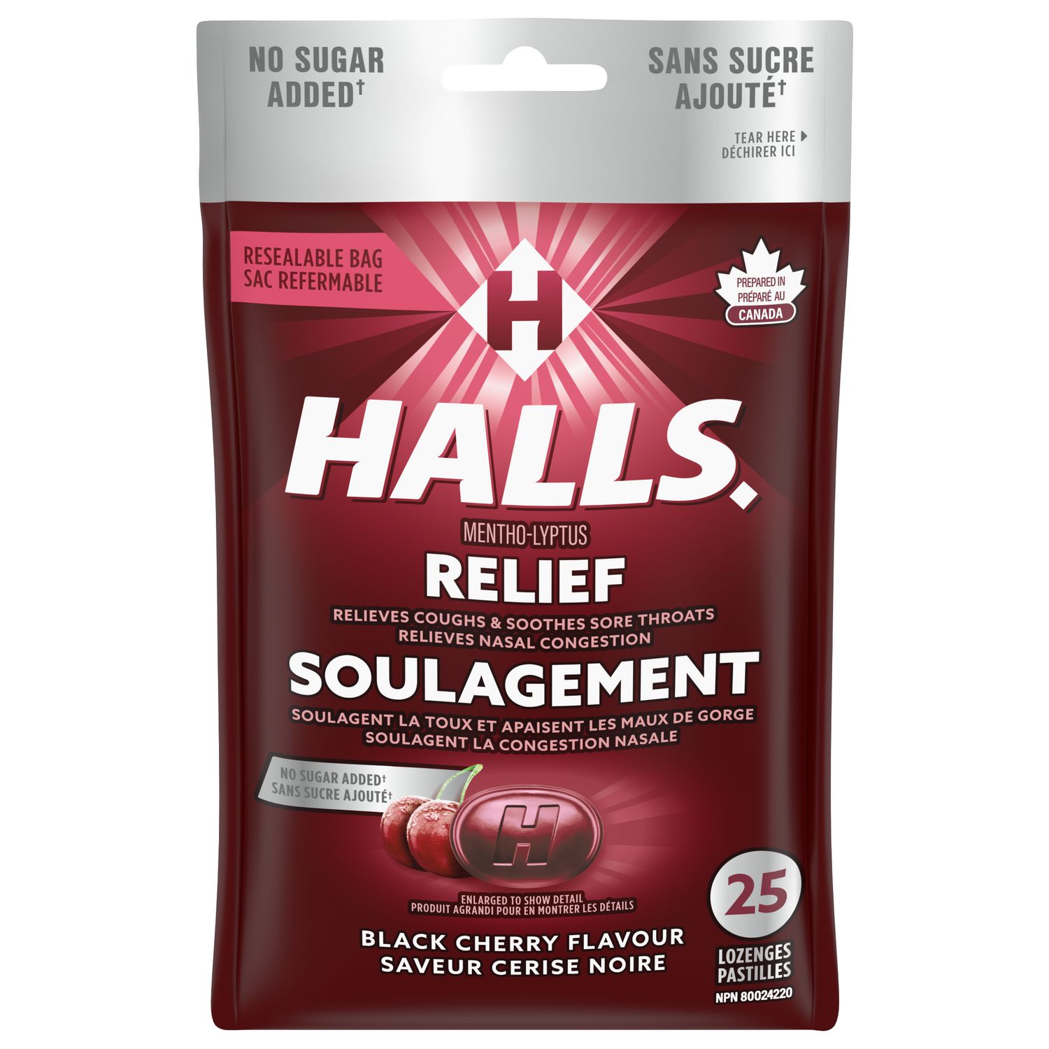 HALLS No Sugar Added, Black Cherry Flavour Cough Drops, Throat Lozenges, Sore Throat Relief, Mentho-Lyptus