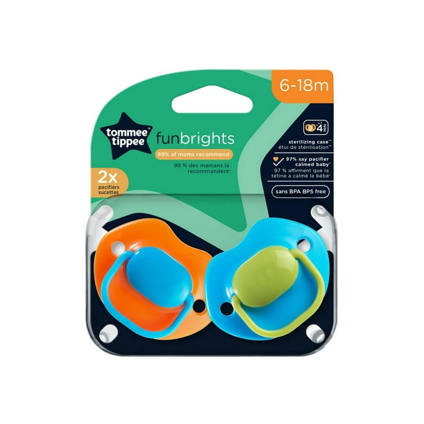 Tommee Tippee FunBrights Pacifiers, Symmetrical Design, BPA-Free Silicone  Baglet, Includes Sterilizer Box, 6-18m, 2-Count, 6-18m 