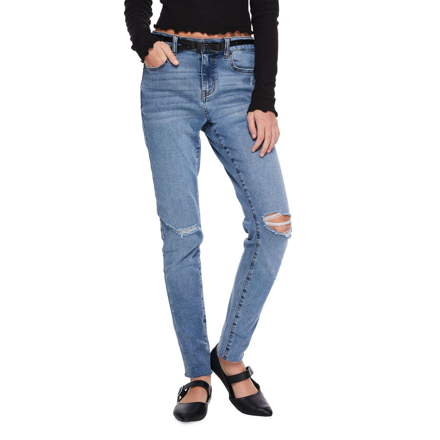 My Sister's Closet Girls' Bow Belt Skinny Deconstructed Jean