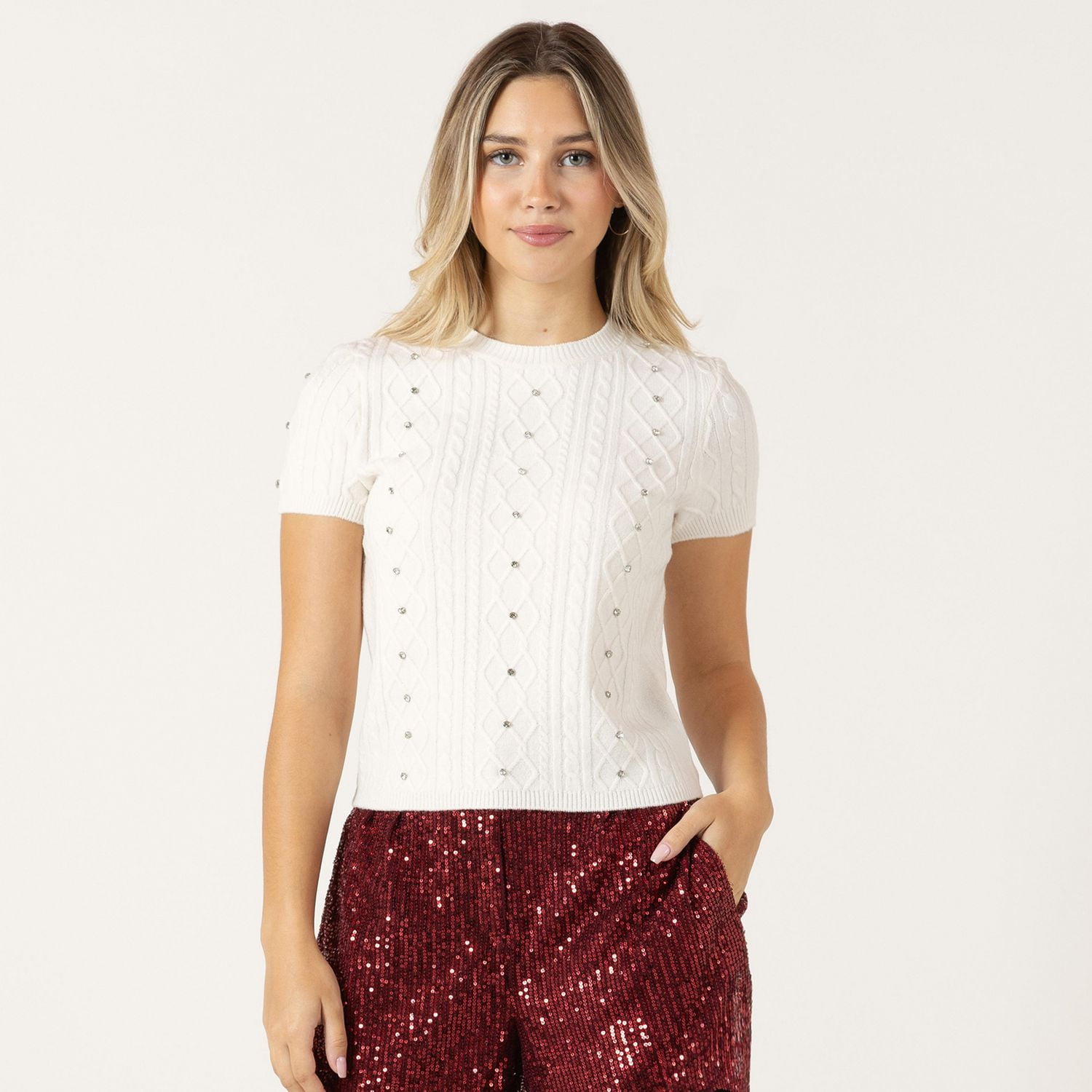 Bloom Girl Short sleeve cable knit sweater with jewel embellishment